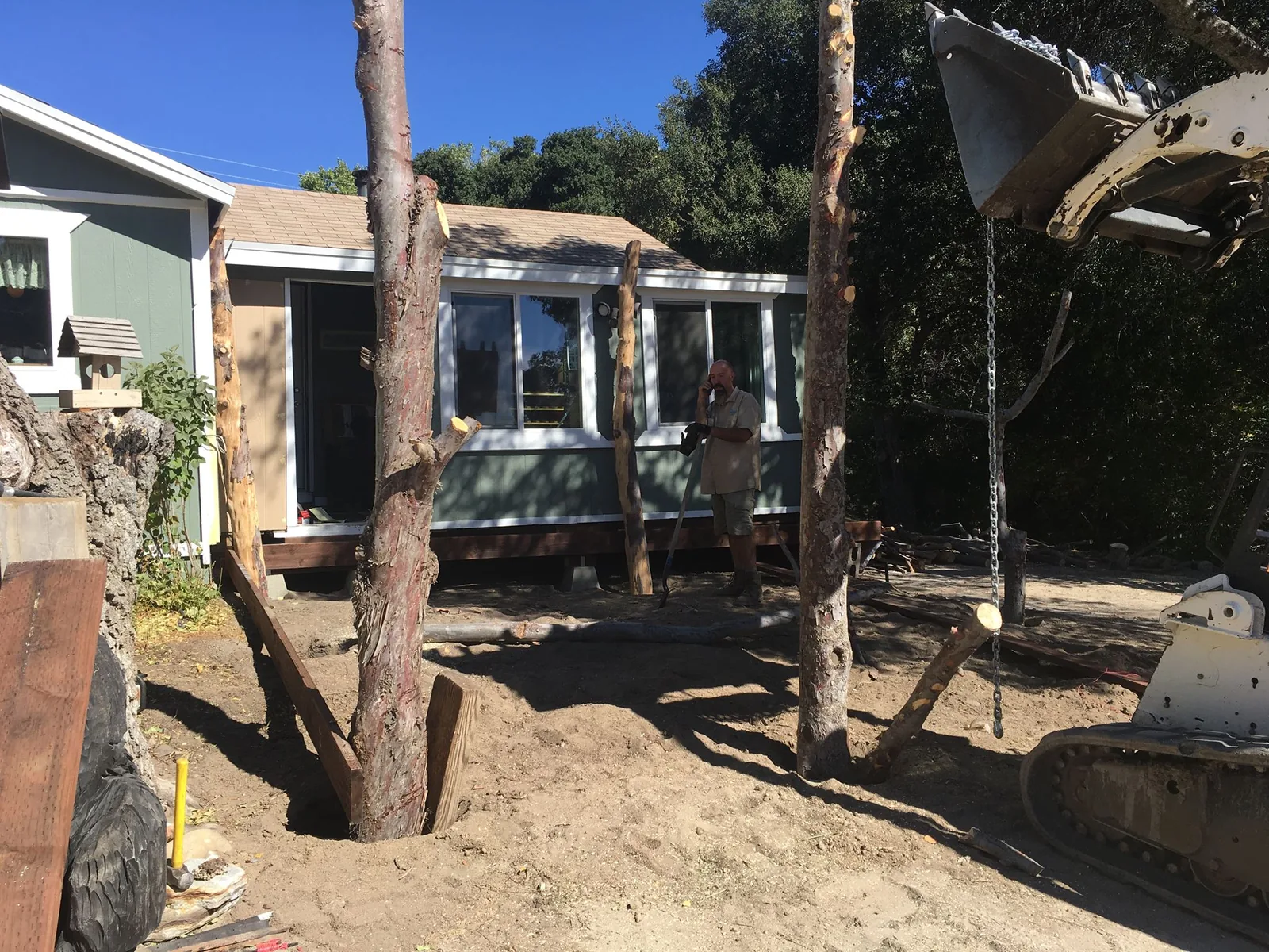 Phase 2 heavy timber post setting and structural ledger framing in Alpine CA